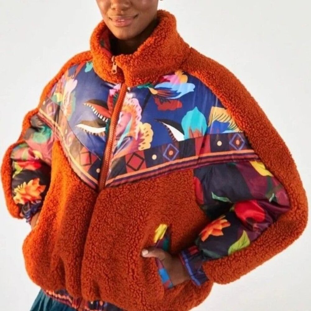 Farm Rio Lucy Floral Teddy Jacket Reversible Size M NWT